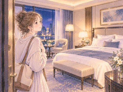 明るく整ったホテルで安心する女性
