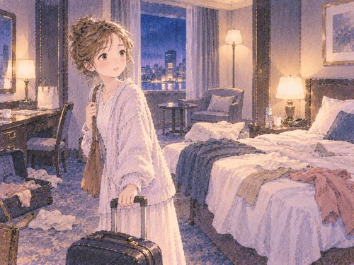 散らかったホテルの部屋で戸惑う女性