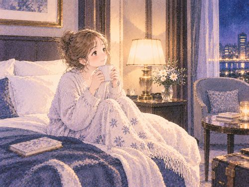 静かなホテルの部屋で一人くつろぐ女性