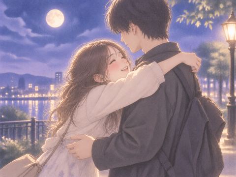 女性から相手へ腕を伸ばして抱きしめる場面