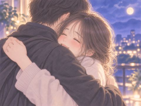 抱き合いながら幸せそうに微笑む女性