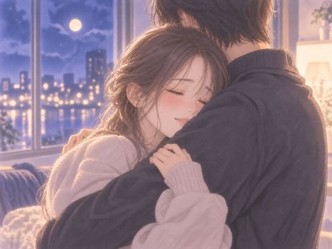 抱きしめられて安心して目を閉じる女性