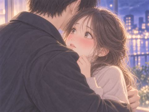 ハグに頬を染めてドキドキする女性