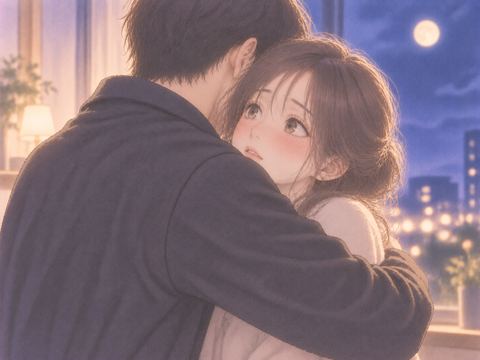 抱きしめられて少し戸惑う表情の女性