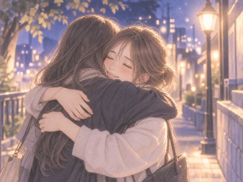 夜道で親しい友達と抱き合う女性