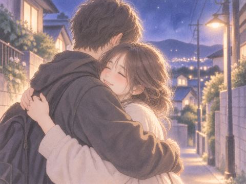 懐かしい幼なじみと穏やかに抱き合う女性