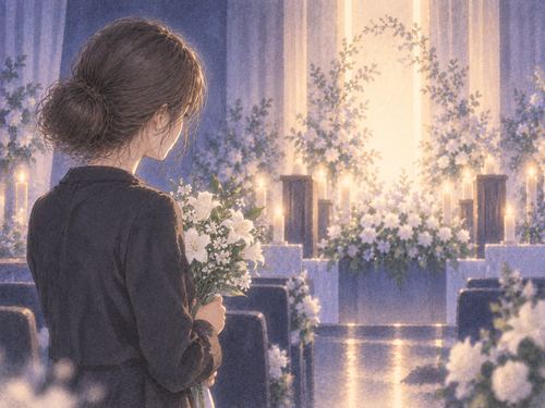 静かな夜の式場で花を見つめる女性の夢の場面