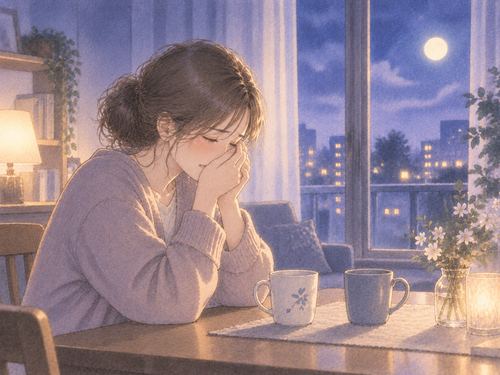 夜の窓辺で夫の写真ではなく二つのマグカップを前に涙を流す女性