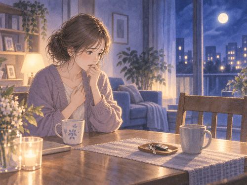 夜の部屋で空いた隣の席と家の鍵を見つめ不安そうにする女性