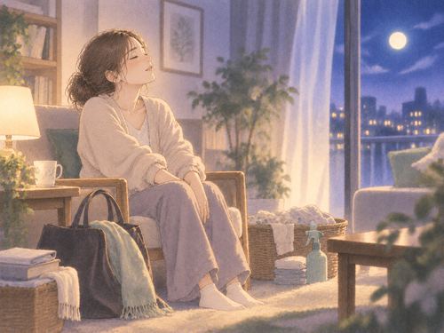 夜の部屋で重い荷物を下ろし静かに息をつく女性