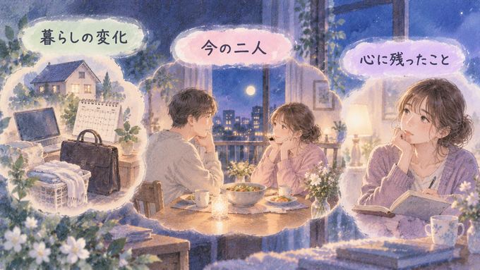 夜の食卓で向き合う夫婦と、その横で暮らしを振り返る女性の図