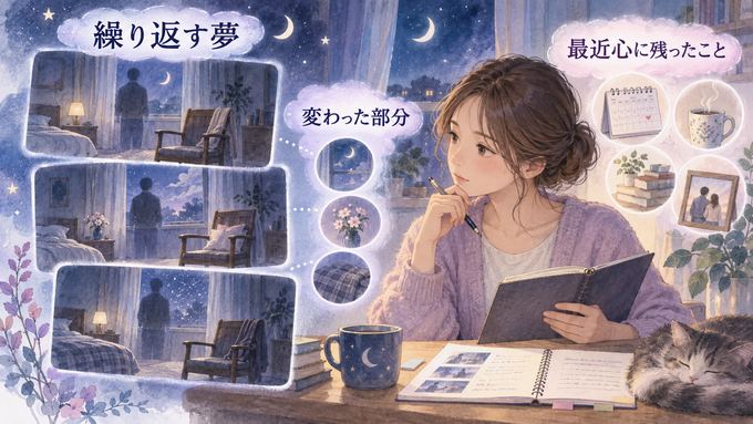 繰り返す夢の場面と最近の出来事をノートで見比べる女性の図
