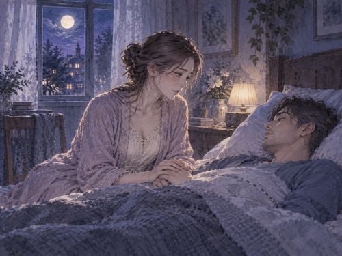 薄暗い夜の部屋で弱った夫の手を握り心配そうに寄り添う女性
