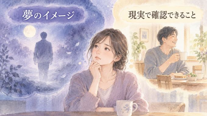 夢の場面と現実の夫を別々に見つめる女性の図