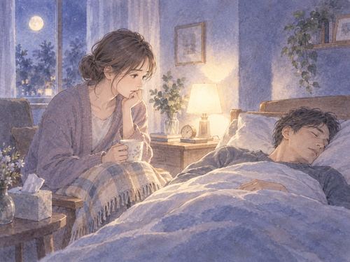 夜の部屋で横になる夫を心配そうに見守る女性