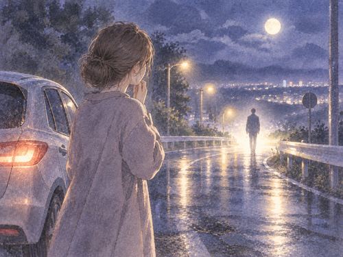 夜道で止まった車と遠くを見る女性の夢の場面