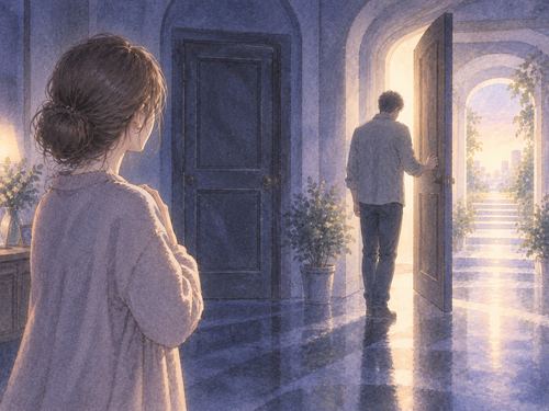 夜明け前の分かれ道で古い扉を閉じる夫を見つめる女性