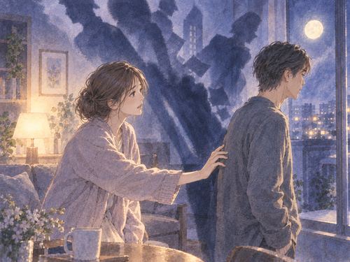 夫婦の間に大きな影が差し込む幻想的な夜の場面