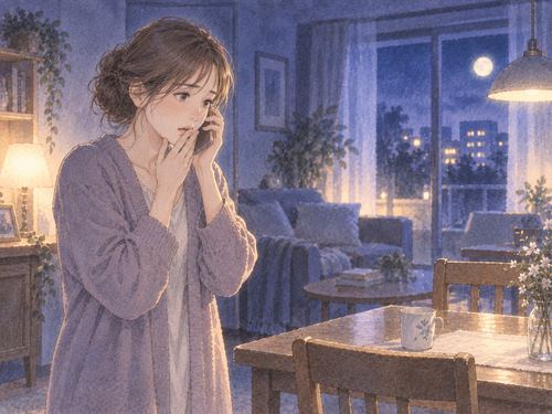 夜の部屋で電話を受けて立ち尽くす女性