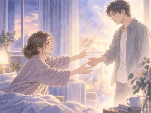 淡い光の中で戻ってきた夫に手を伸ばす女性