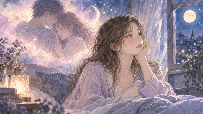 夢の中で寄り添う二人と、その場面を穏やかに振り返る女性