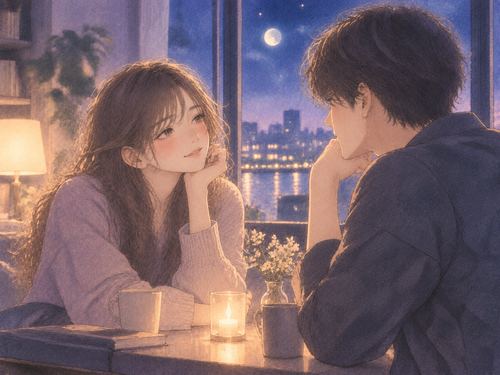 夜の窓辺で異性と向かい合い穏やかに笑う女性