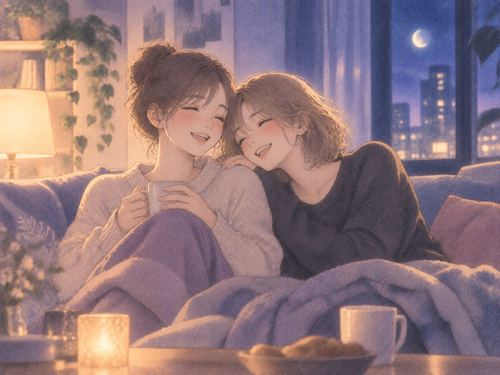 夜のソファで肩を寄せて穏やかに笑う同性の二人