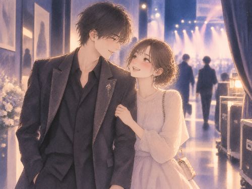 華やかな光の中で有名人のような相手と並んで歩く女性