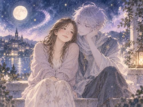 幻想的な夜空の下でアニメ風のキャラクターと寄り添う女性