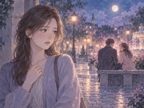 親しげな二人を少し離れた場所から見て不安そうにする女性