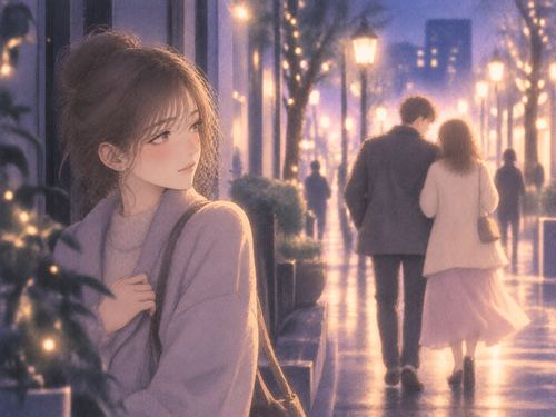 夜の街角で寄り添う二人を離れた場所から見つめる女性