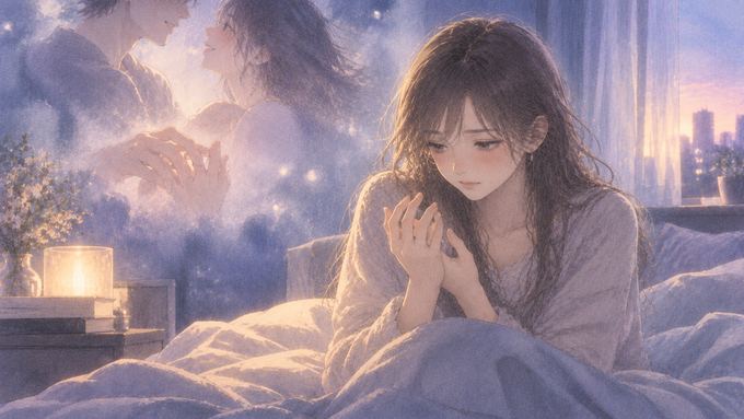 夢から目覚めて手の感覚を確かめながら記憶をたどる女性