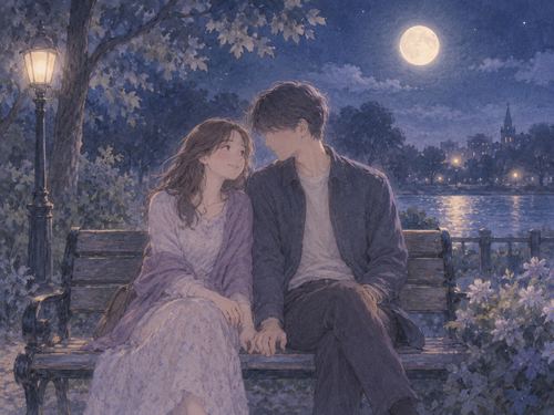 夜のベンチで肩を寄せ合う女性と好きな人のような相手