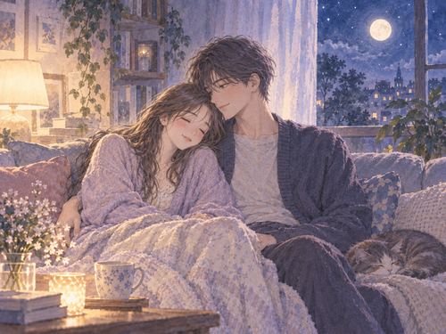 夜のリビングでソファに寄り添って穏やかに過ごす二人
