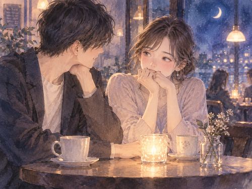夜のカフェで恋人ではない相手と近い距離に座り戸惑う女性