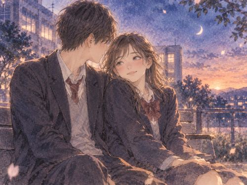 夕暮れから夜へ変わる校舎の近くで昔の思い出の相手と並ぶ女性