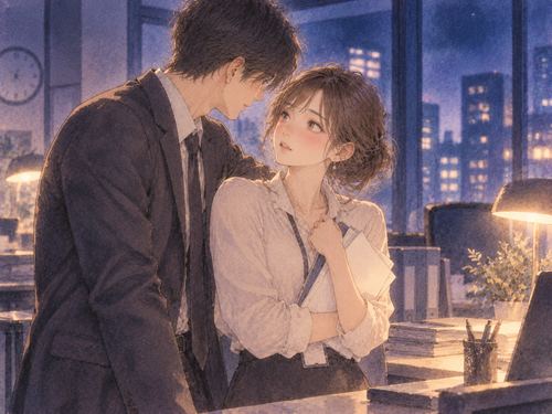夜のオフィスで職場の人と近い距離になり戸惑う女性