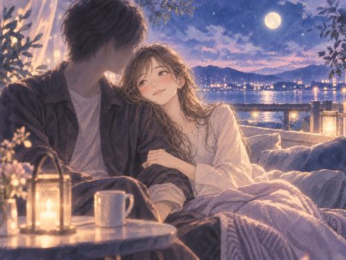 月明かりの中で顔のはっきりしない相手と寄り添う女性