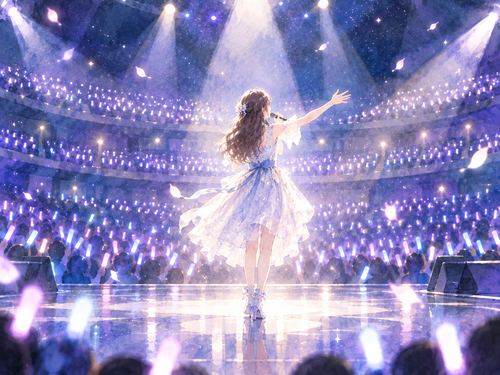 スポットライトの中で客席を見つめる女性アイドル