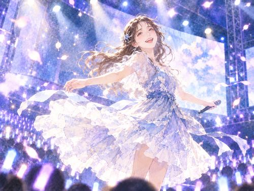 ステージで笑顔で踊る女性アイドル