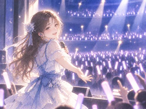 ファンの柔らかな光に笑顔を向ける女性アイドル