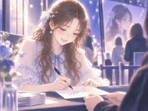 ファンへ丁寧にサインを書く女性アイドル