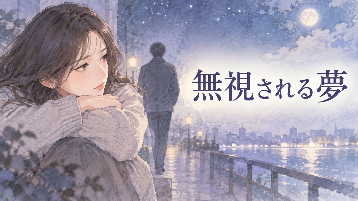 背を向ける人影を見つめる夜の女性