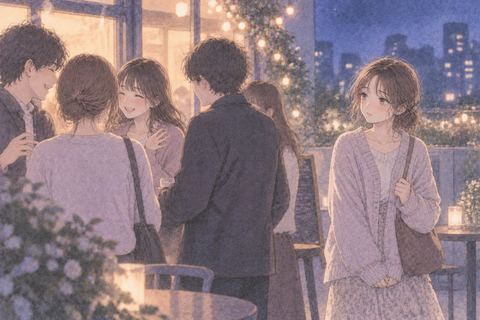 話す人々の輪から離れて立つ女性