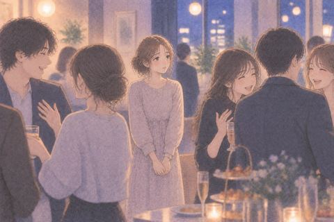 人々の中で誰にも気づかれず立つ女性