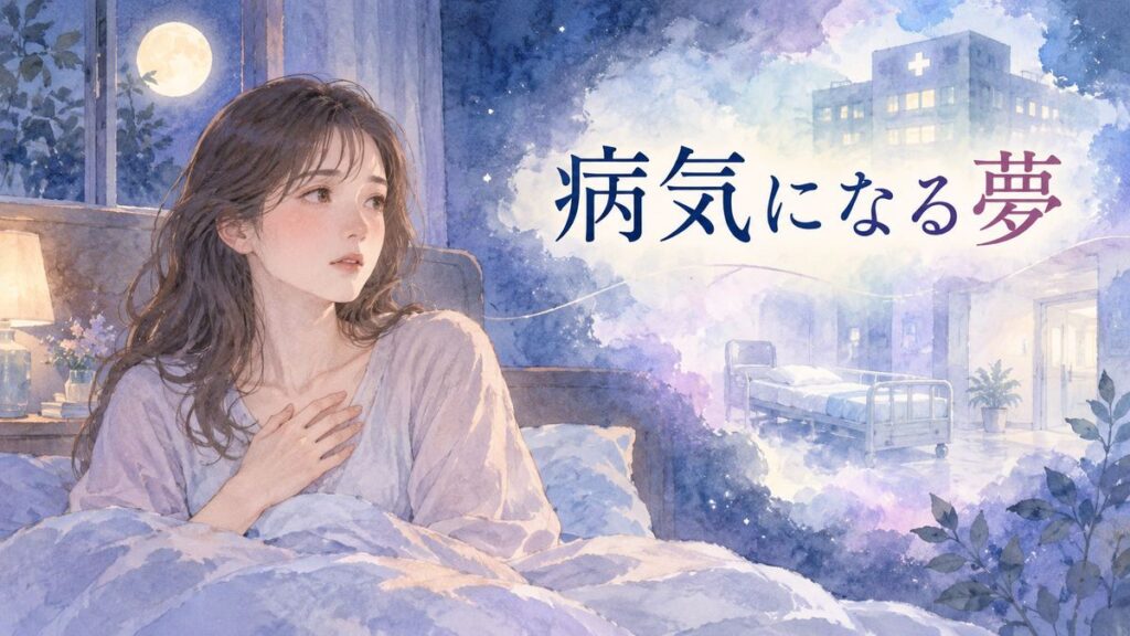 夜の寝室で目覚めて胸元に手を添える女性と淡く浮かぶ病院の夢のイメージ