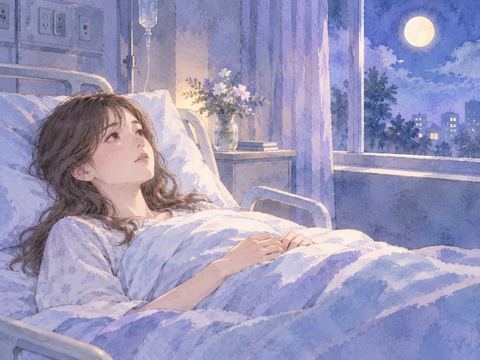 夜の病室でベッドに横たわり静かに天井を見る女性