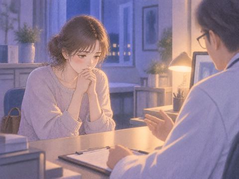 診察室で医師の話を聞き静かに固まる女性