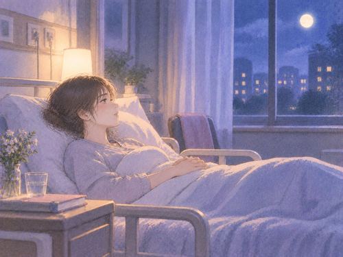 月明かりの入る病室で一人静かに休む女性