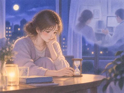 夜の窓辺で砂時計を見つめる女性と淡くぼやけた診察室の気配
